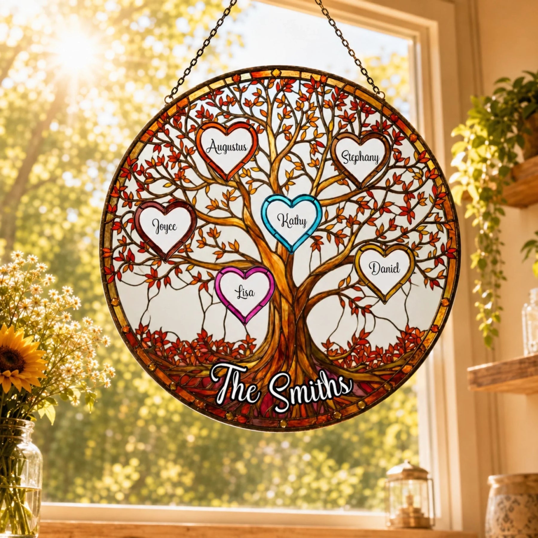 A decorative stained glass suncatcher with a family tree design and five custom hearts displaying family members.