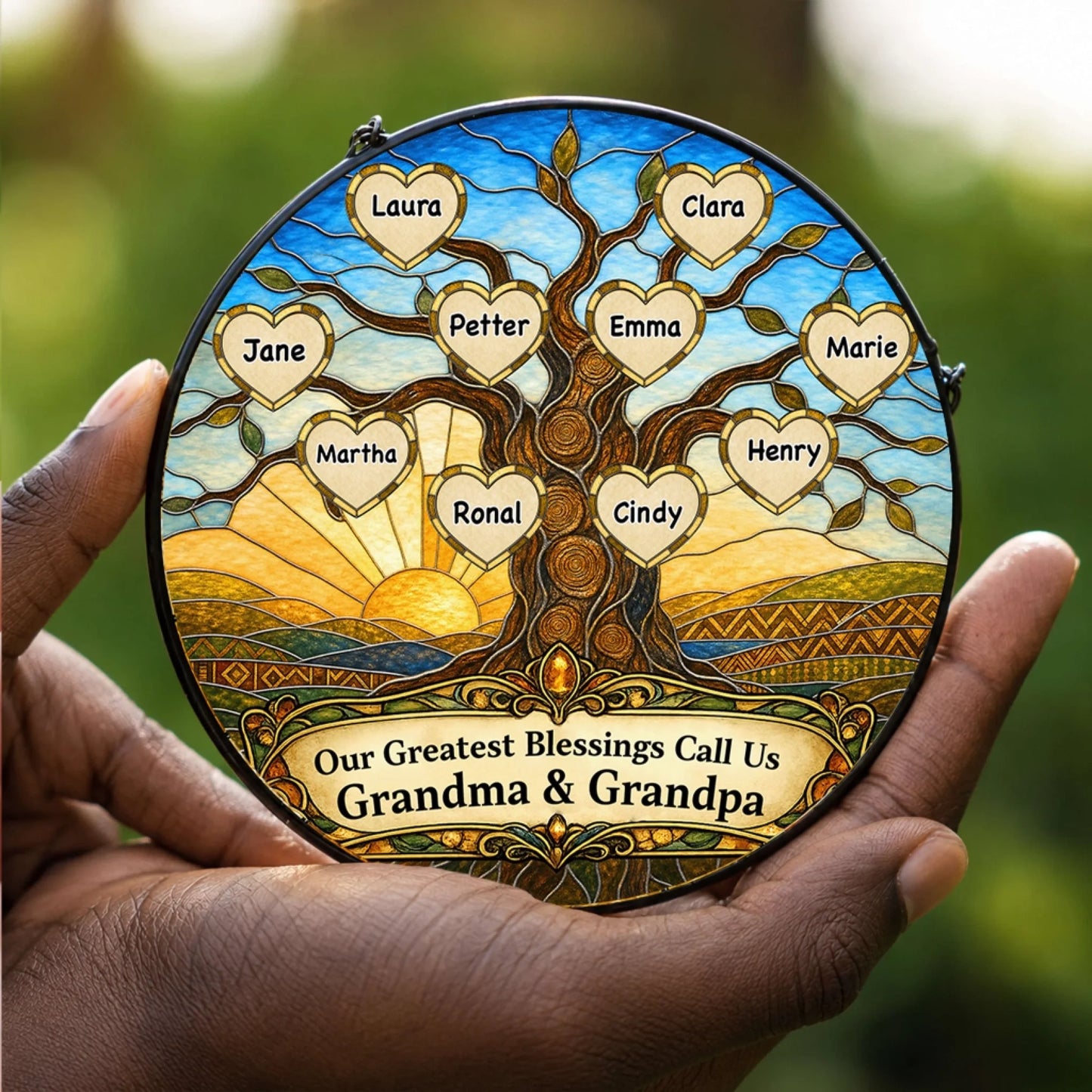 Round stained glass family tree ornament with custom heart names, a sentimental gift idea for Grandma and Grandpa.