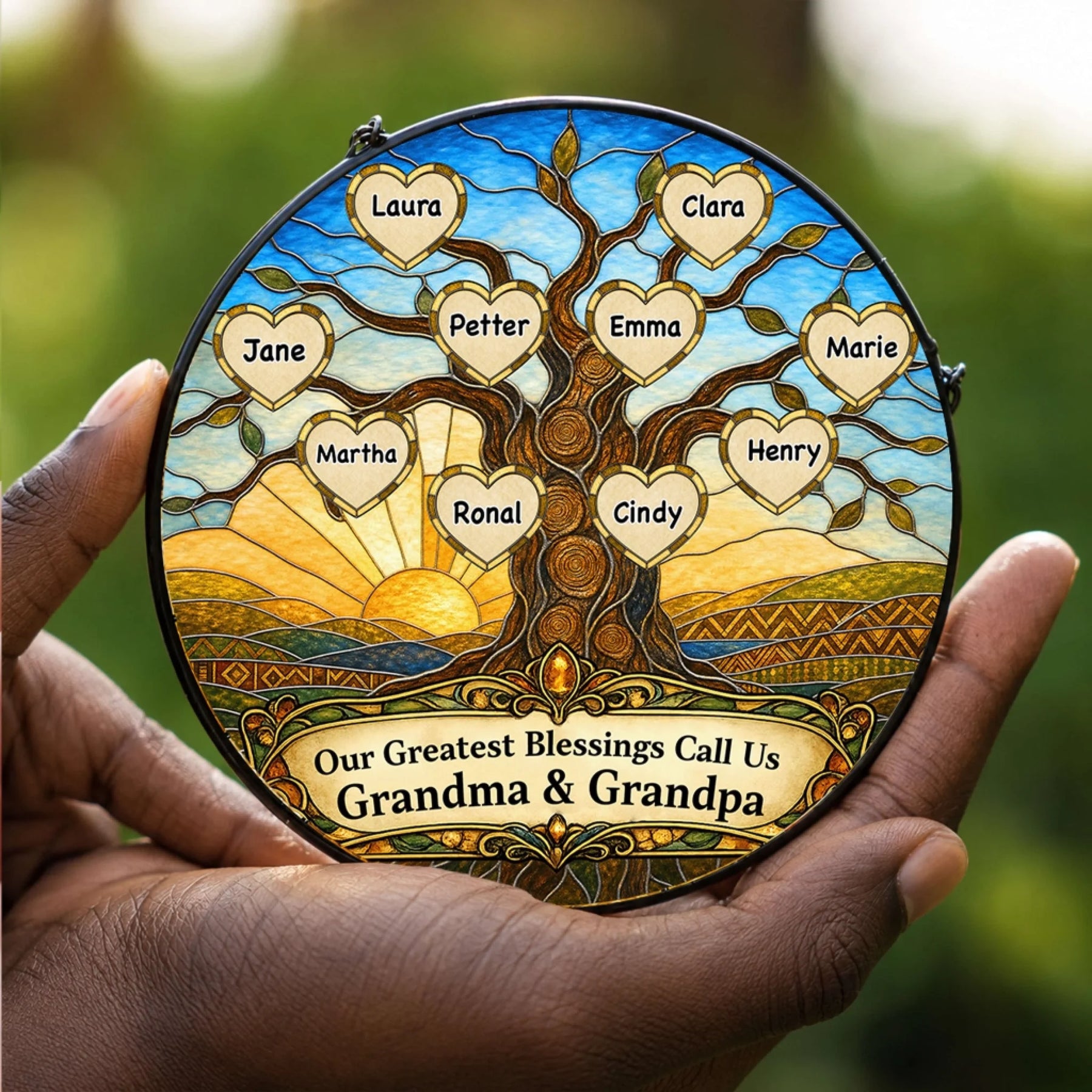 Round stained glass family tree ornament with custom heart names, a sentimental gift idea for Grandma and Grandpa.