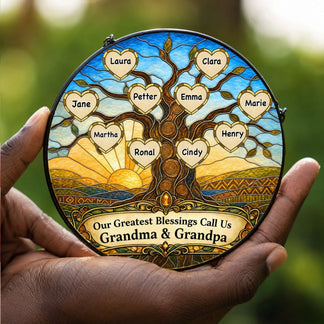 Round stained glass family tree ornament with custom heart names, a sentimental gift idea for Grandma and Grandpa.