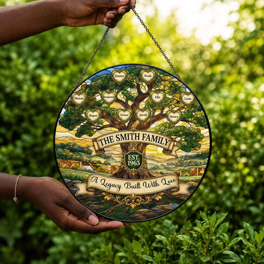 Custom family tree stained glass suncatcher featuring engraved names and established 1963 year for a thoughtful gift.