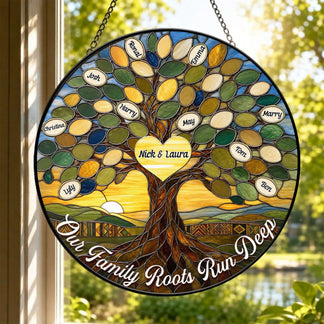 Round stained glass suncatcher featuring a personalized family tree design with custom names and the quote Our Family Roots Run Deep.