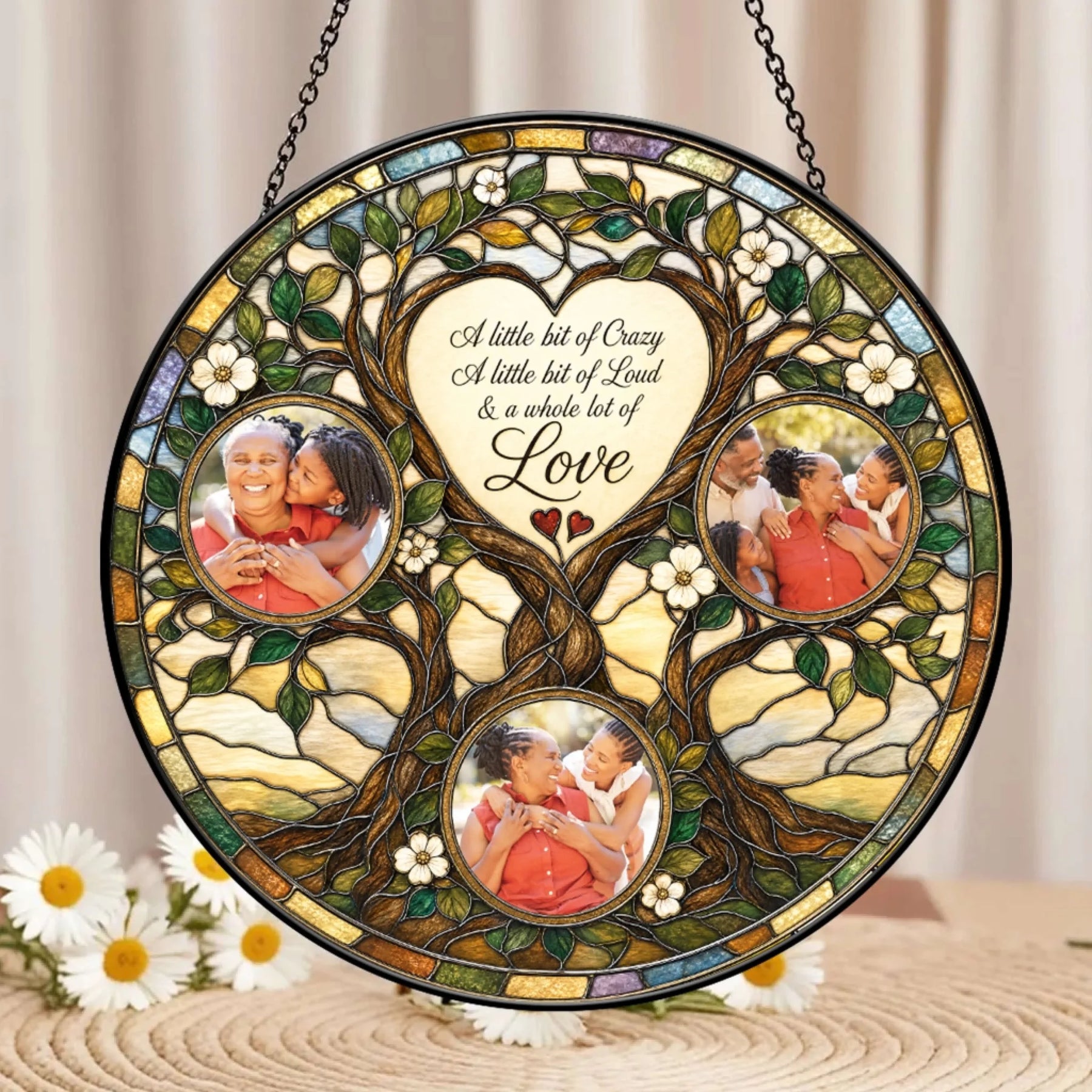 Round stained glass suncatcher featuring a family tree design with three custom photo frames and a heartfelt quote.