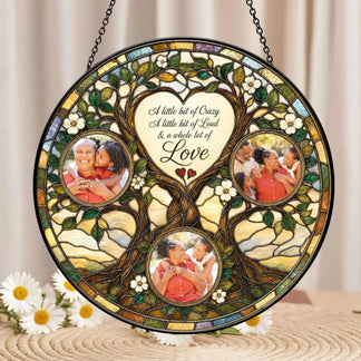 Round stained glass suncatcher featuring a family tree design with three custom photo frames and a heartfelt quote.