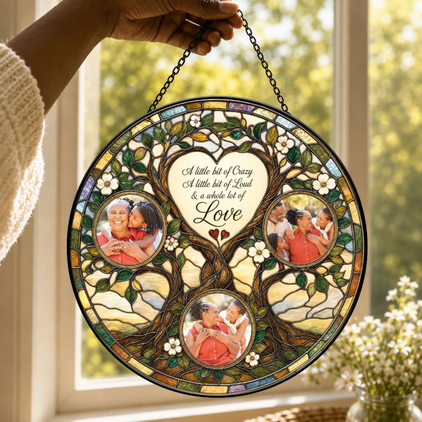 Custom family photo stained glass suncatcher featuring a heart tree design with the quote a little bit of crazy love