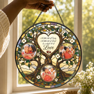 Custom family photo stained glass suncatcher featuring a heart tree design with the quote a little bit of crazy love