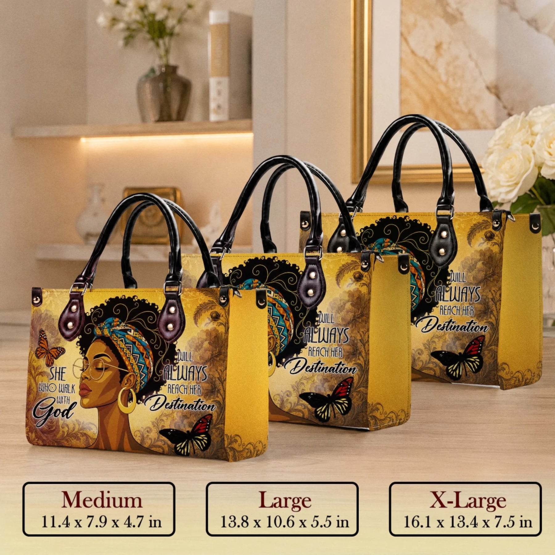 Three sizes of faith themed fashion handbags including medium large and extra large with their respective dimensions.