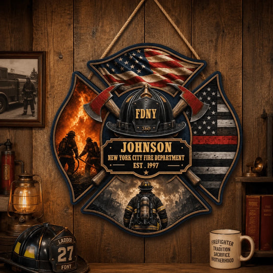 Custom FDNY wooden wall sign featuring a firefighter helmet, axes, American flag, and personalized name for fire station decor.