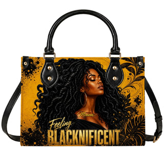 Custom tote bag featuring a beautiful African American woman illustration and the bold text Feeling Blacknificent.