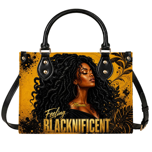 Custom tote bag featuring a beautiful African American woman illustration and the bold text Feeling Blacknificent.