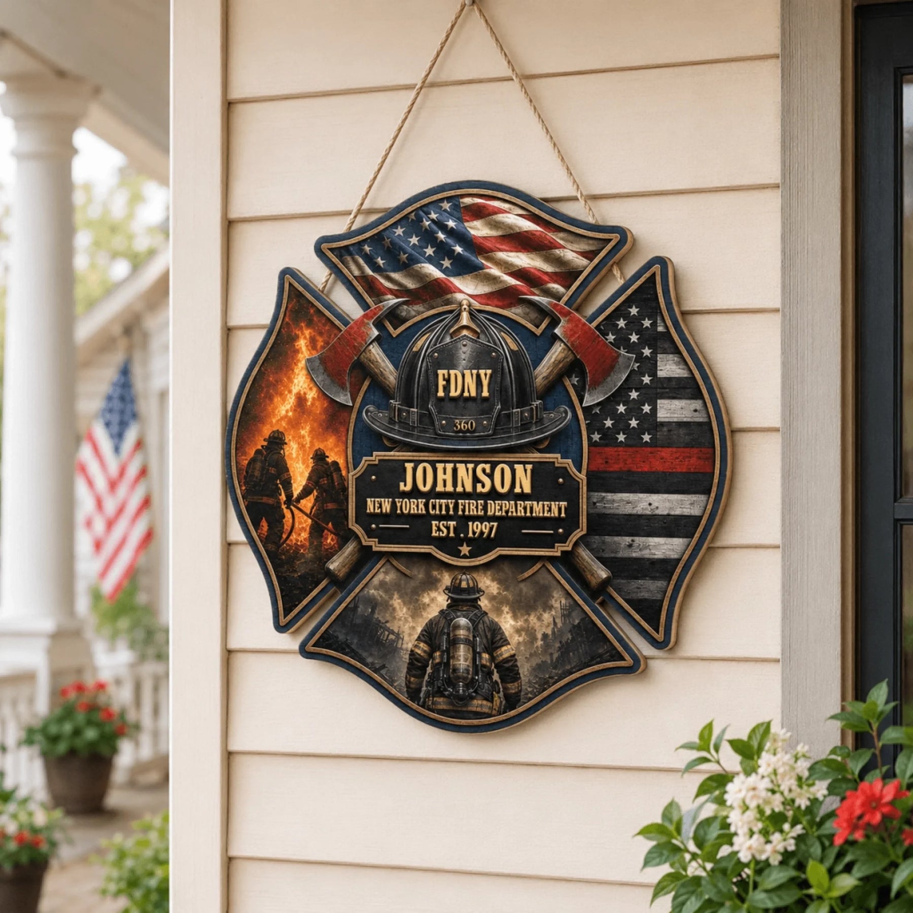 Personalized New York City fire department wooden hanging sign displayed on a front porch as a unique firefighter home gift.