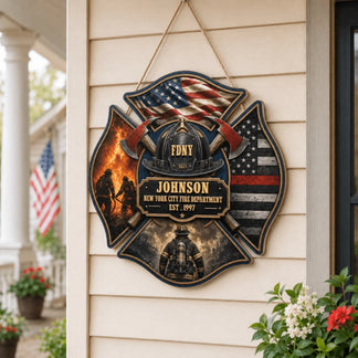 Personalized New York City fire department wooden hanging sign displayed on a front porch as a unique firefighter home gift.