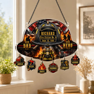 Custom acrylic firefighter suncatcher featuring Richard with family names on hanging charms, a perfect Father's Day gift.