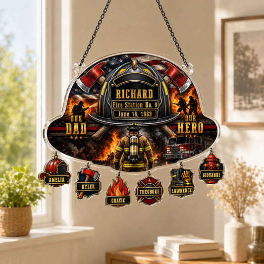 Custom acrylic firefighter suncatcher featuring Richard with family names on hanging charms, a perfect Father's Day gift.