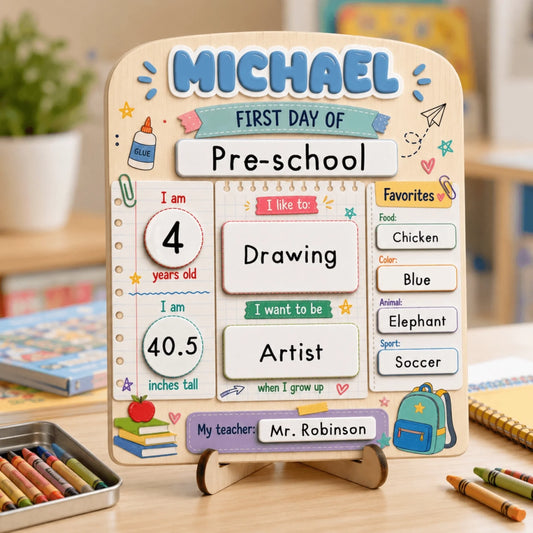 Customizable wooden first day of school board featuring Michael, his age, height, favorites, and teacher for a keepsake.