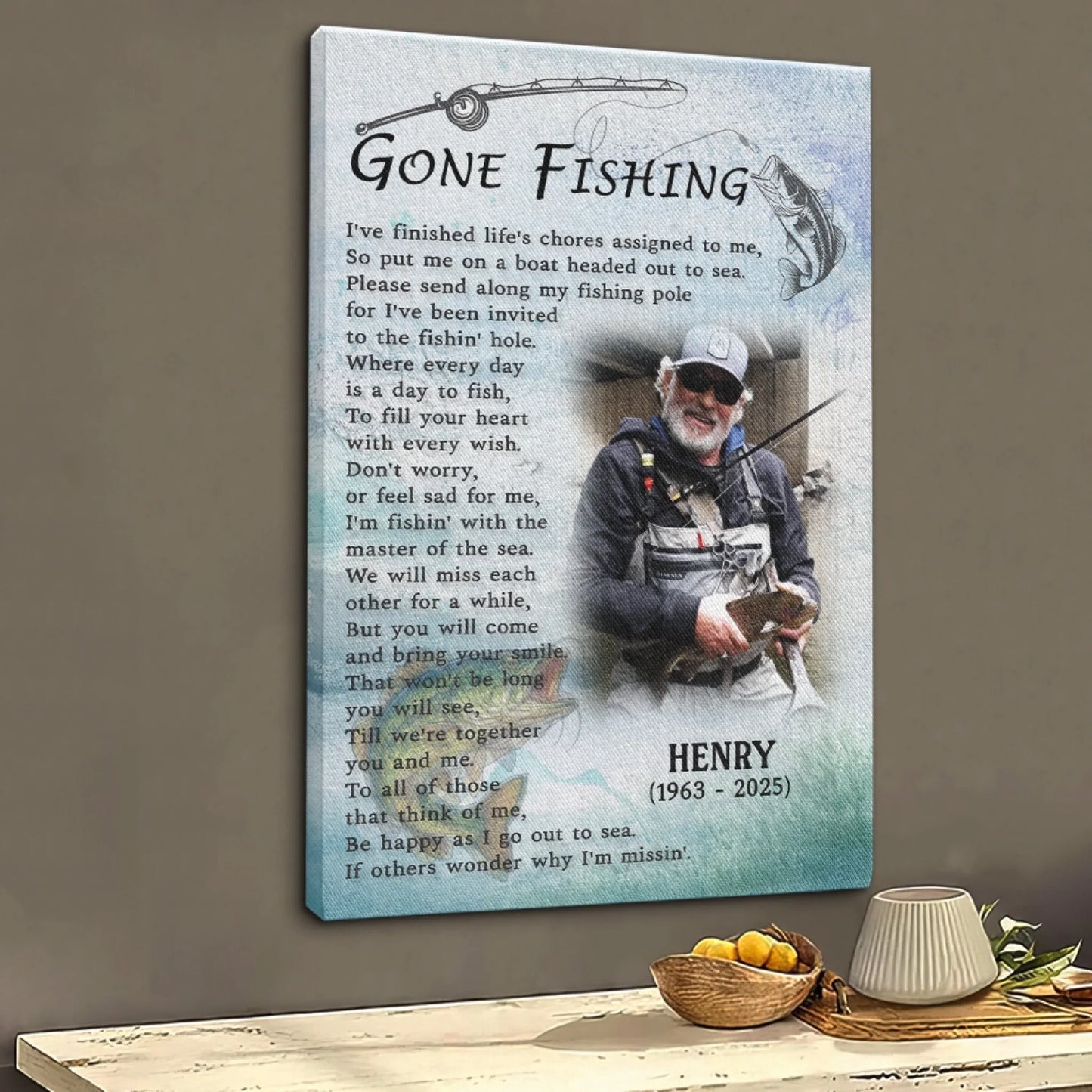 Personalized fishing tribute canvas featuring a custom photo name and dates perfect for a celebration of life memorial