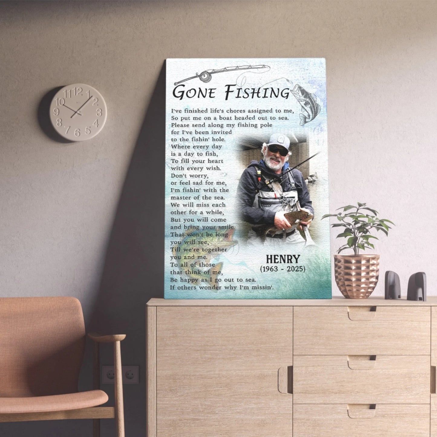 Custom fishing memorial canvas with a personalized photo name and dates for remembrance as a sympathy gift