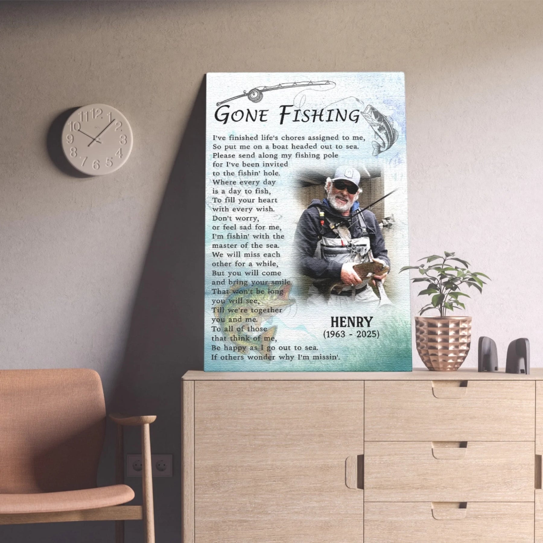 Custom fishing memorial canvas with a personalized photo name and dates for remembrance as a sympathy gift