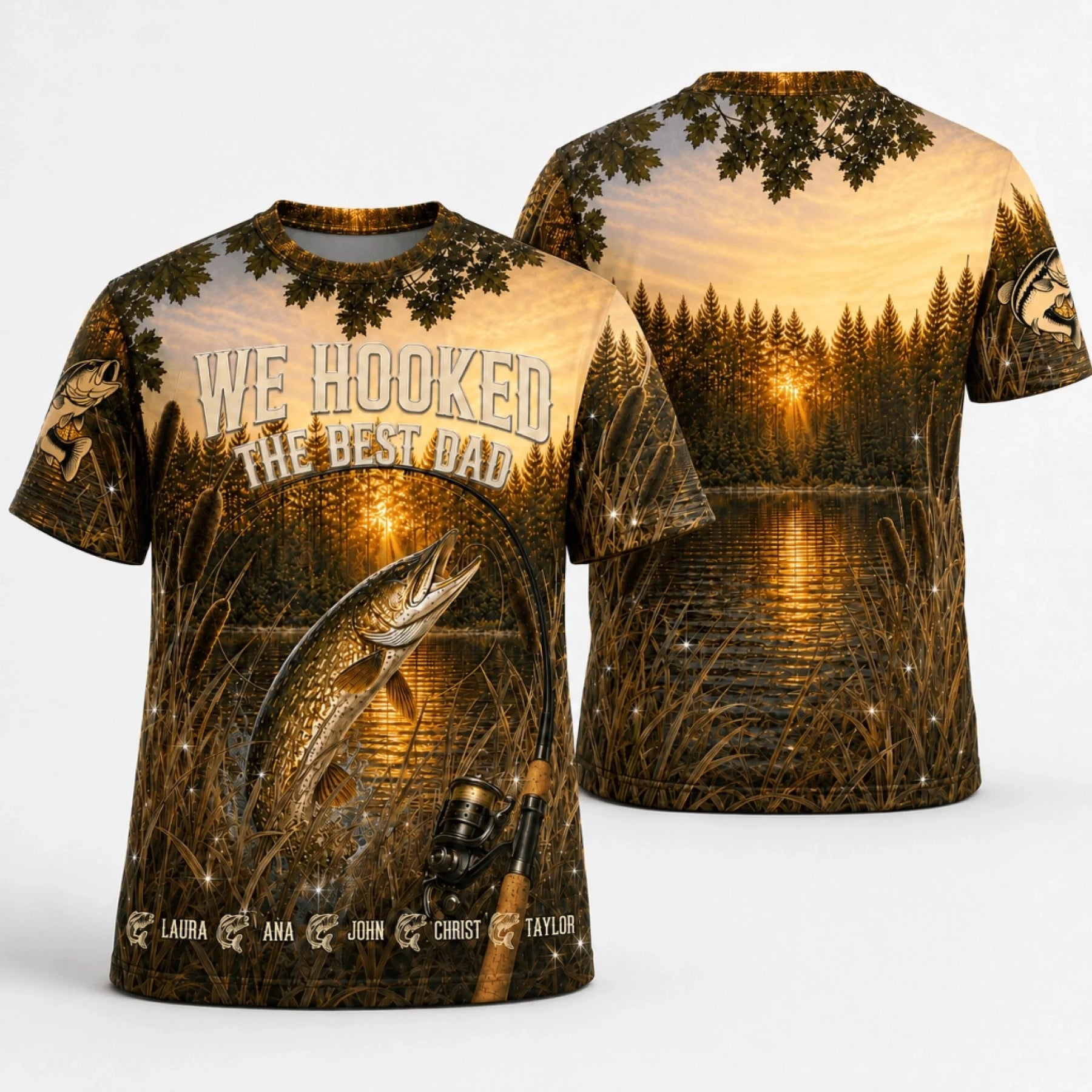 Custom fishing t shirt showing front and back views with a lake sunset scene and names, a great personalized Father Day gift.