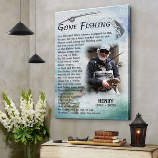 Fishing theme memorial canvas with custom photo name and memorial dates displayed as thoughtful sympathy wall decor