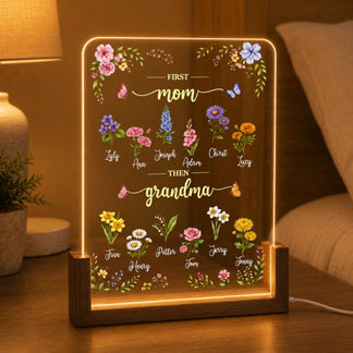 Lighted acrylic plaque with custom floral names for mom and grandma, a thoughtful personalized gift for family members.