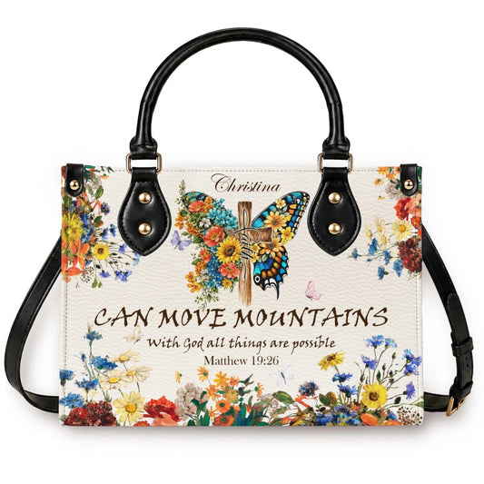 Personalized floral butterfly tote bag featuring a cross faith theme and Matthew 19 26 verse, custom gift for her.