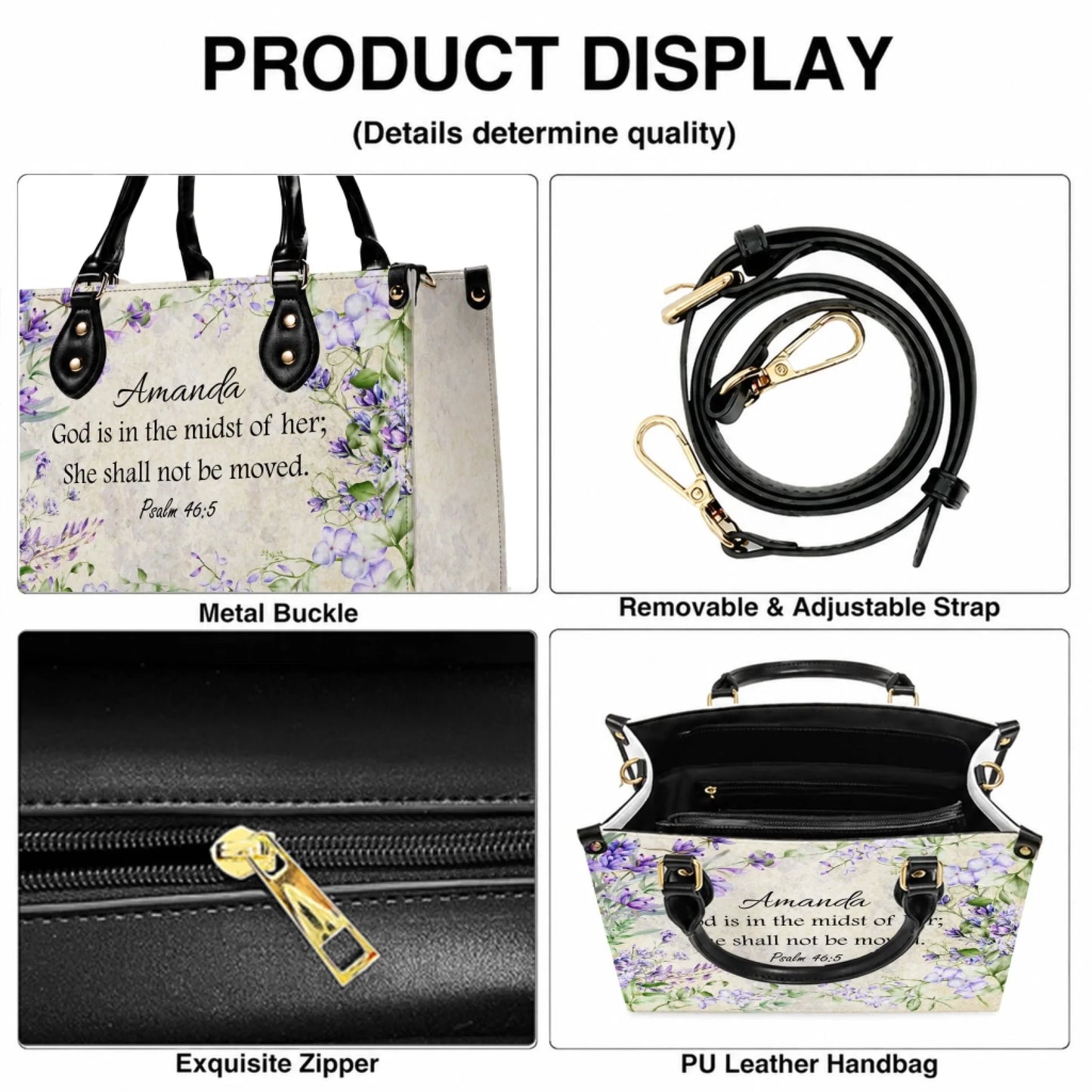 Customizable floral PU leather handbag featuring Amanda name and Psalm 46:5 verse, includes metal buckle and zipper.