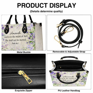 Customizable floral PU leather handbag featuring Amanda name and Psalm 46:5 verse, includes metal buckle and zipper.