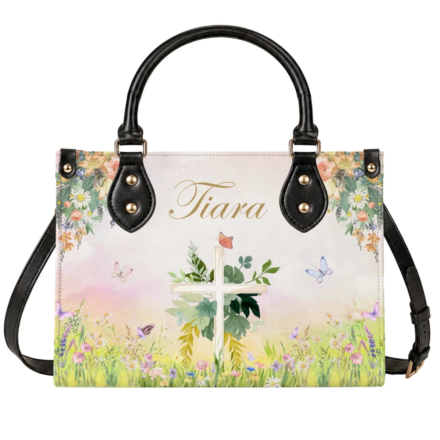 A custom floral cross handbag featuring the name Tiara, decorated with watercolor flowers and butterflies for a religious gift.