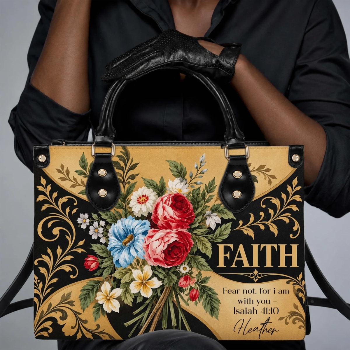 Custom floral PU leather handbag featuring FAITH and Isaiah 41 10 bible verse with personalized name gift for women
