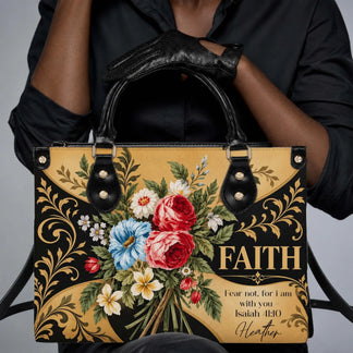 Custom floral PU leather handbag featuring FAITH and Isaiah 41 10 bible verse with personalized name gift for women
