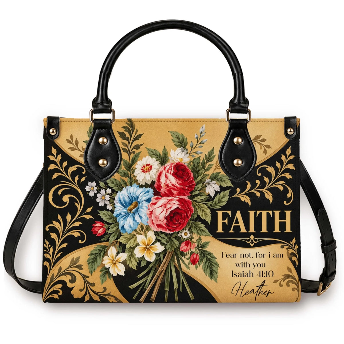 Personalized floral faith handbag featuring Isaiah 41 10 bible verse and custom name Heather, ideal Christian gift.