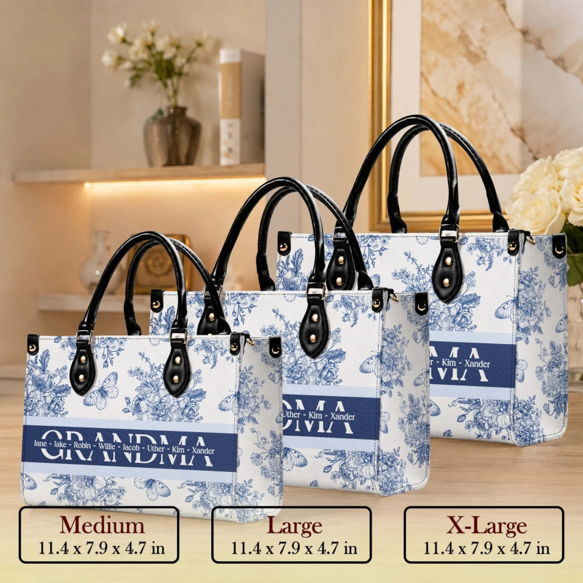 Set of three personalized Grandma tote bags featuring a blue and white floral design with custom grandchildren names.