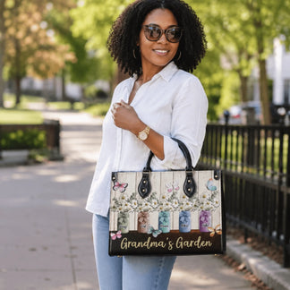 Fashionable personalized handbag showcasing the Grandma's Garden design with floral jars and custom name labels.