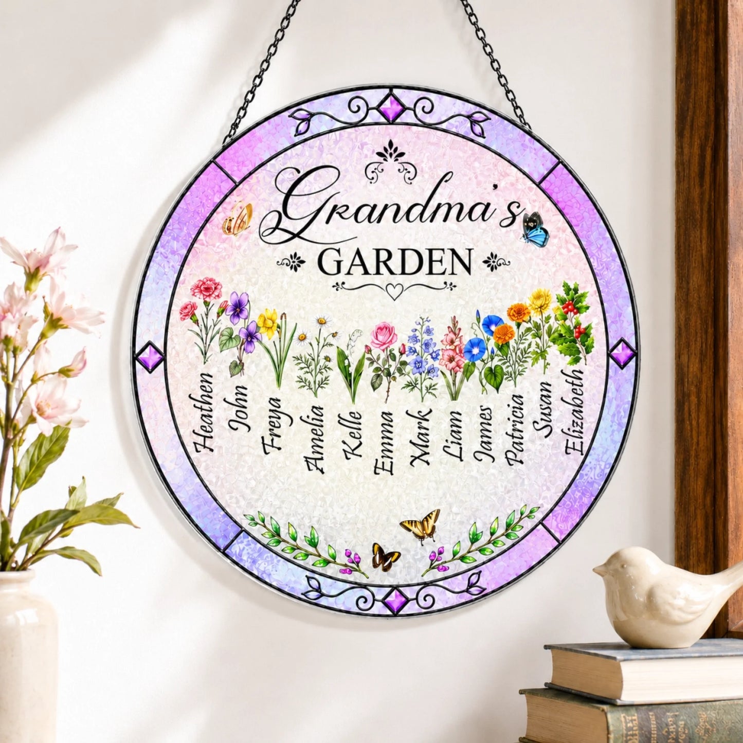 Custom family name suncatcher gift for grandma featuring floral garden art and butterflies for a home decor display.