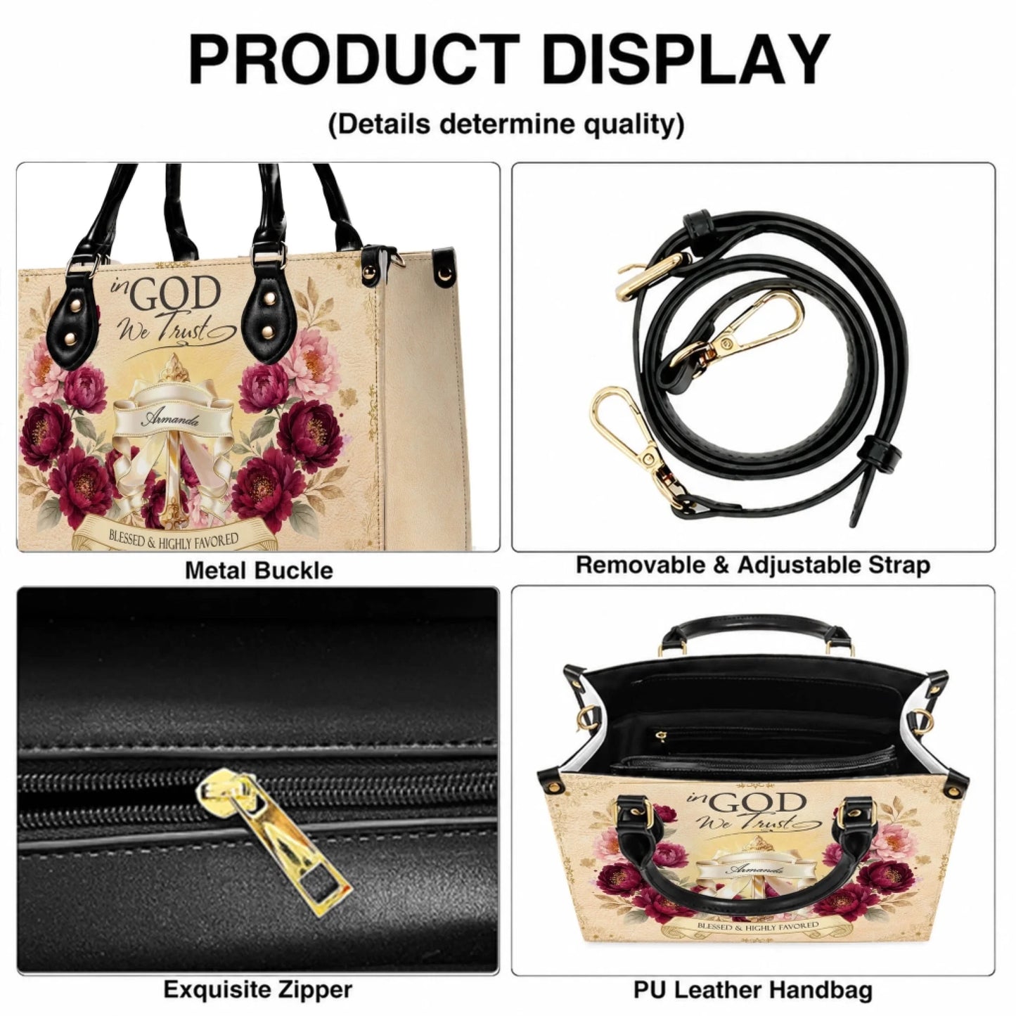 Detailed view of a religious themed handbag showing the metal buckle, adjustable strap, zipper, and spacious interior.