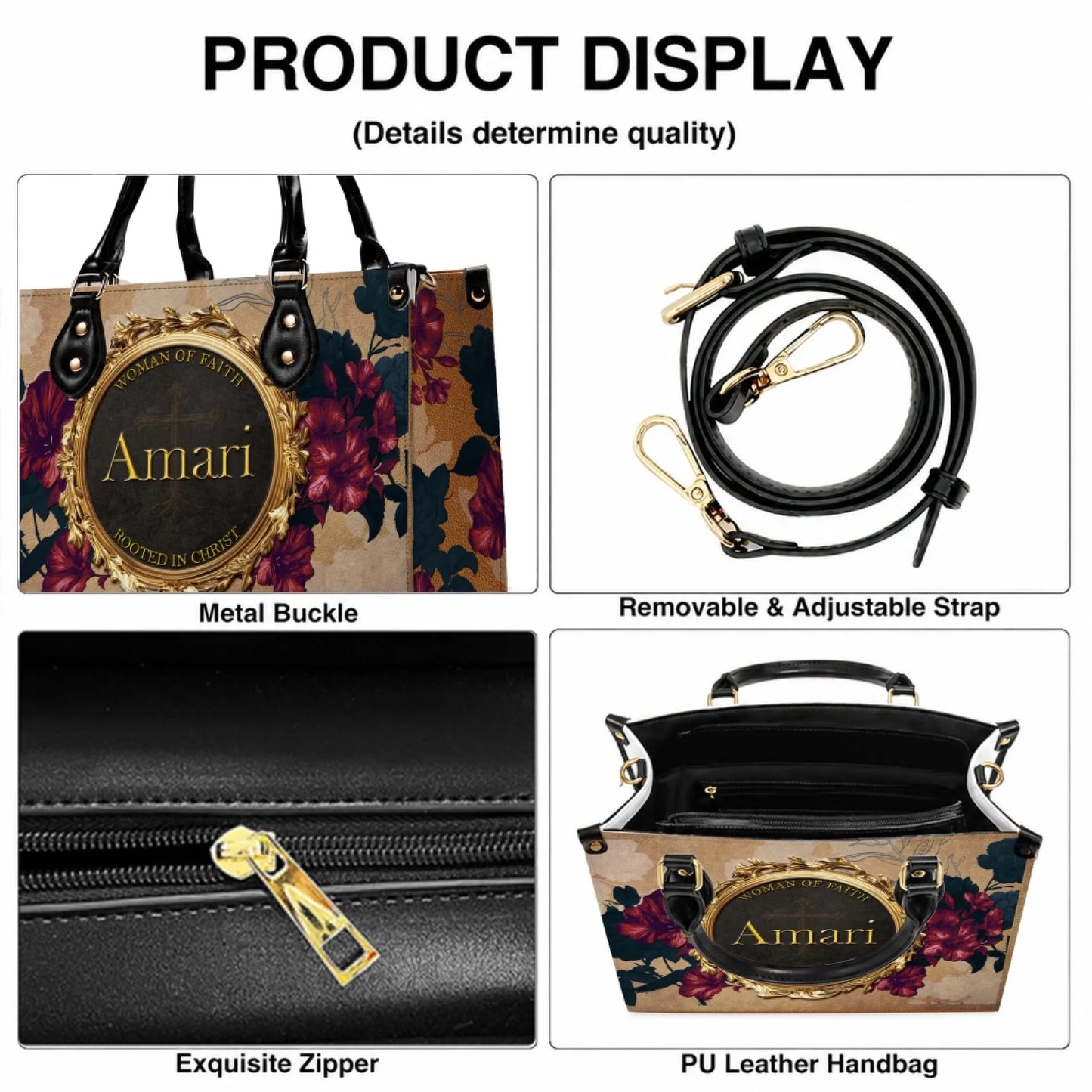 Close up details of a personalized floral handbag including durable metal hardware, adjustable strap, and quality zipper closure.