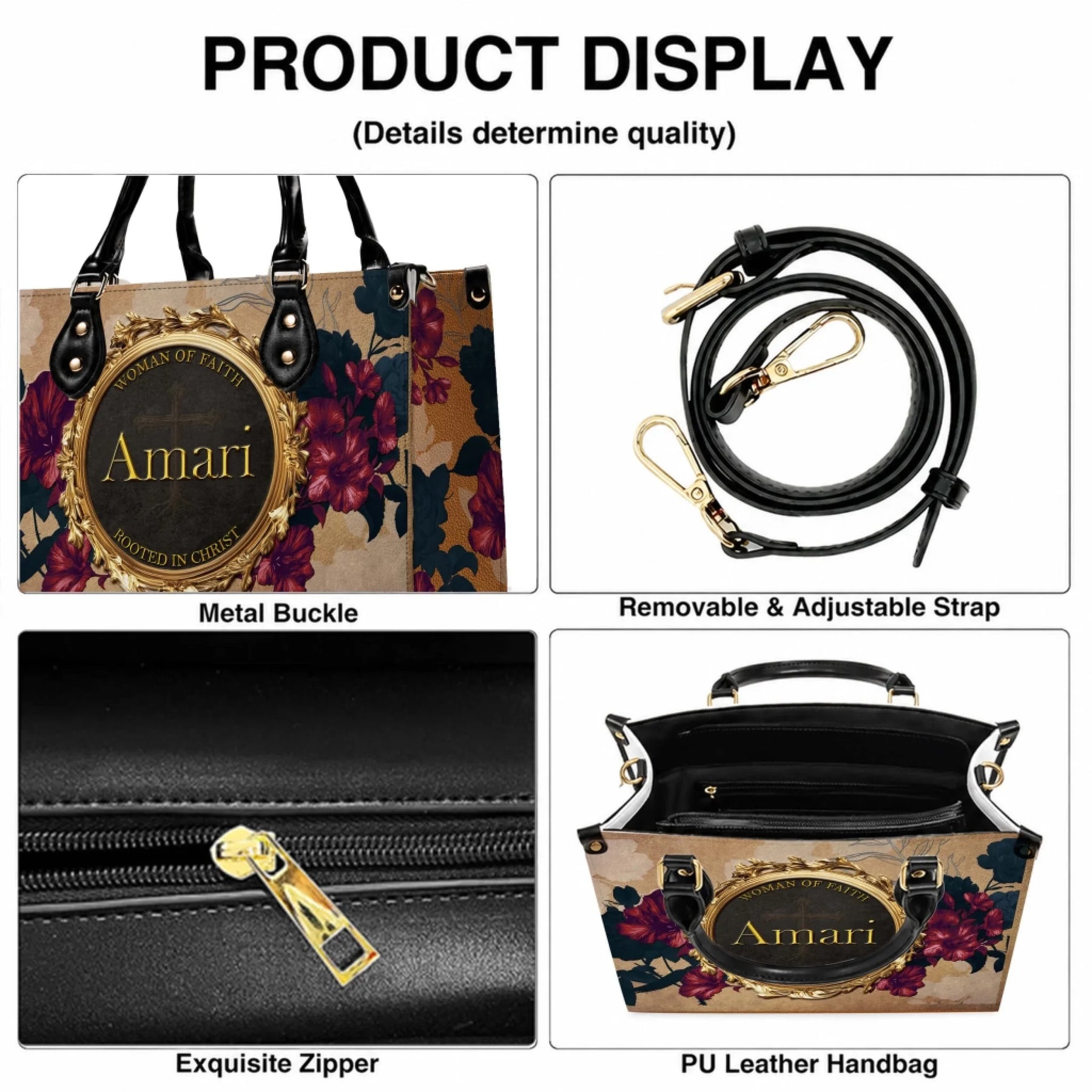 Close up details of a personalized floral handbag including durable metal hardware, adjustable strap, and quality zipper closure.
