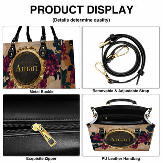 Close up details of a personalized floral handbag including durable metal hardware, adjustable strap, and quality zipper closure.