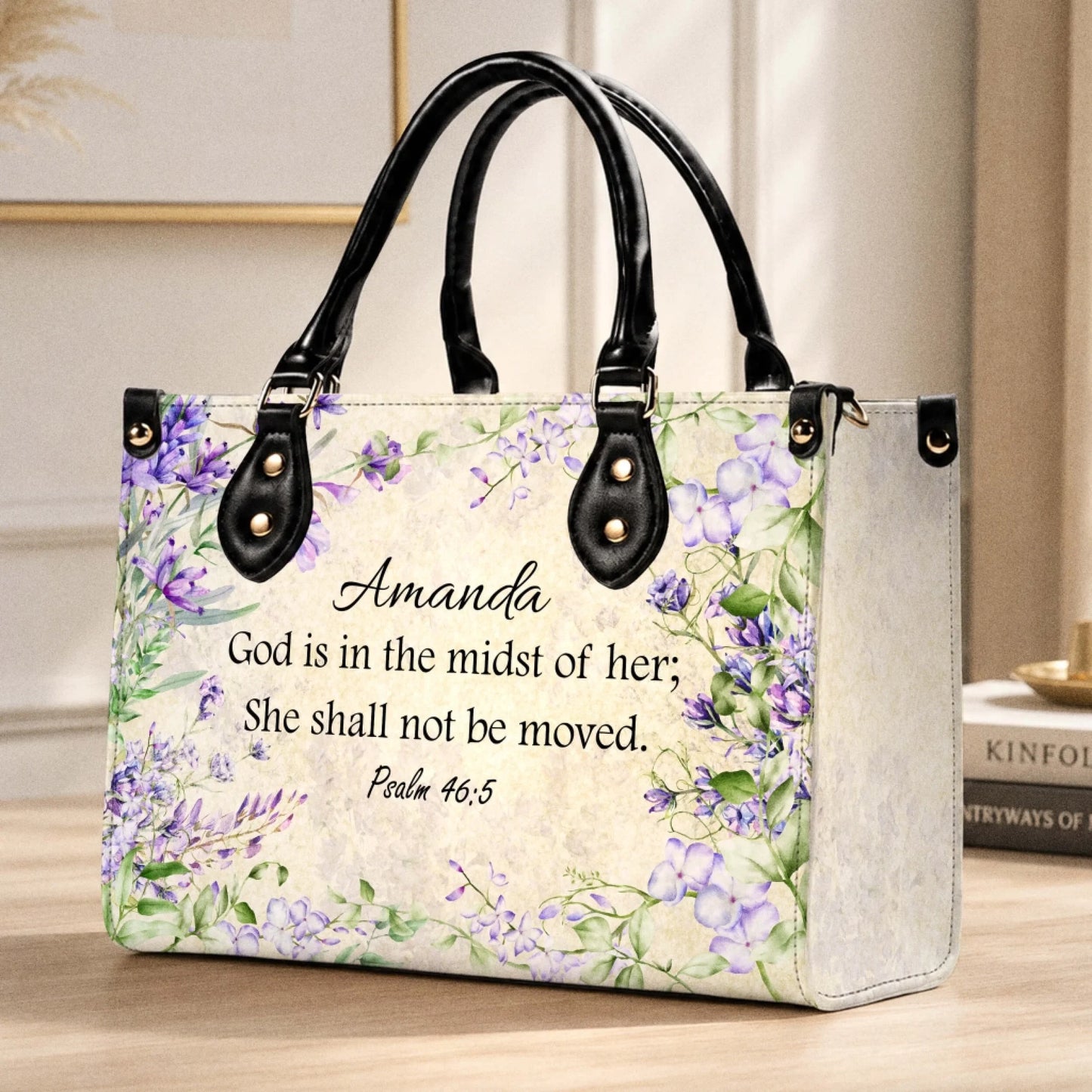 Customized floral tote bag for women, featuring the religious quote God is in the midst of her and the name Amanda.