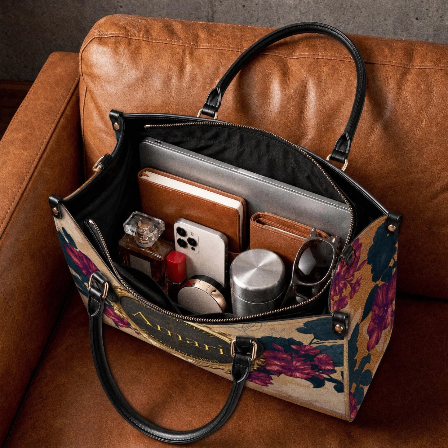 This personalized floral handbag features a custom name and religious design, offering a stylish carryall for daily essentials.