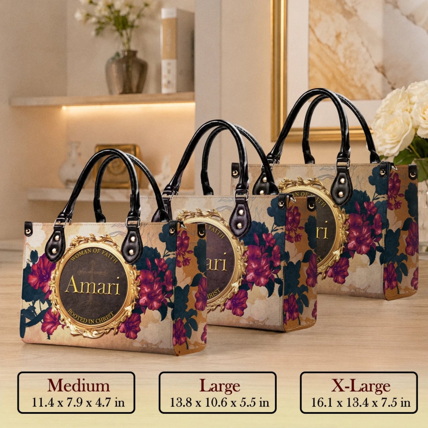 A collection of personalized floral tote bags shown in three sizes, featuring a religious Woman of Faith print for daily use.