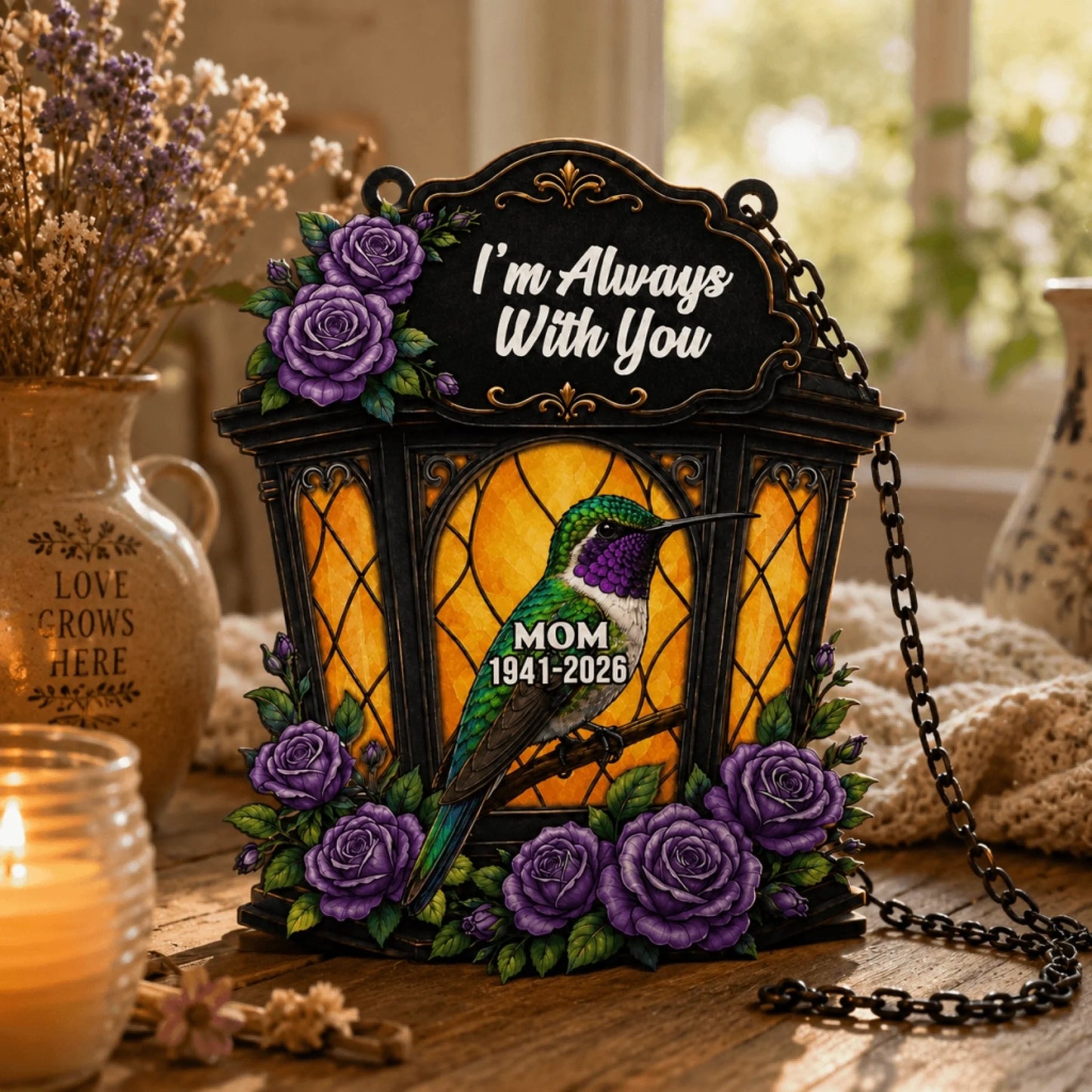 Personalized hummingbird memorial hanging decoration featuring purple floral designs and custom name and years.