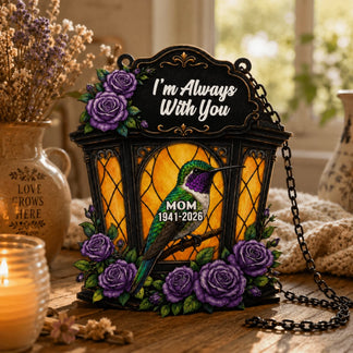 Personalized hummingbird memorial hanging decoration featuring purple floral designs and custom name and years.