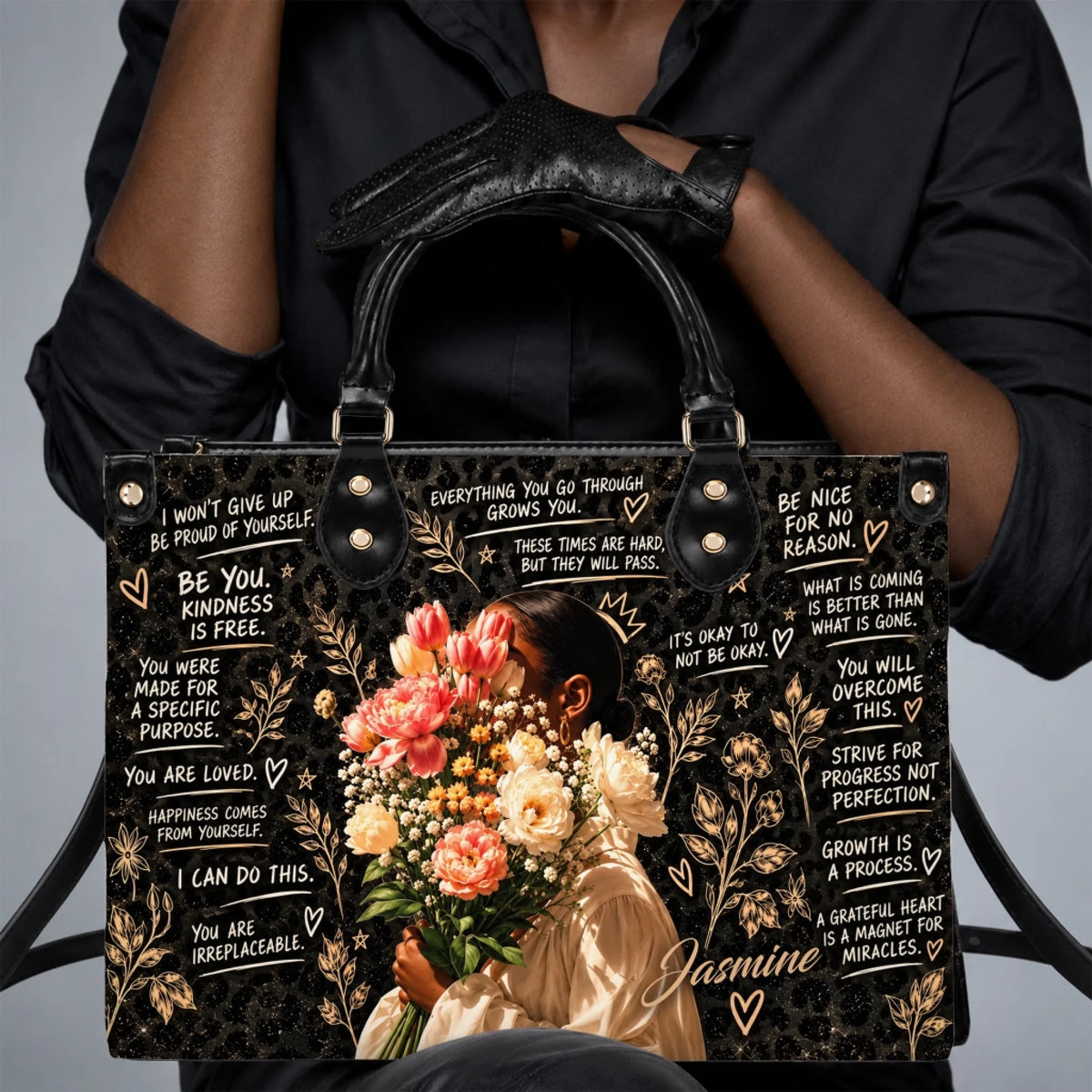 Personalized pu leather handbag featuring a leopard print and floral design with encouraging quotes and custom name.