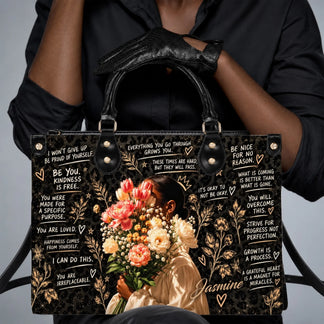 Personalized pu leather handbag featuring a leopard print and floral design with encouraging quotes and custom name.