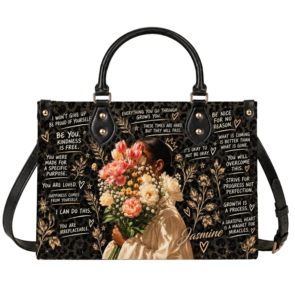 A personalized leopard print tote bag featuring a woman holding flowers and inspirational quotes for a motivational gift.