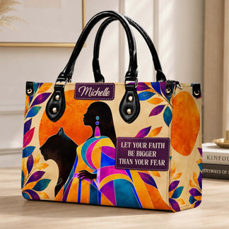 Stylish custom name handbag featuring a vibrant panther illustration and the quote let your faith be bigger than fear.