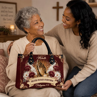 Custom Michelle handbag featuring inspirational prayer quote and floral art a thoughtful religious gift for women.