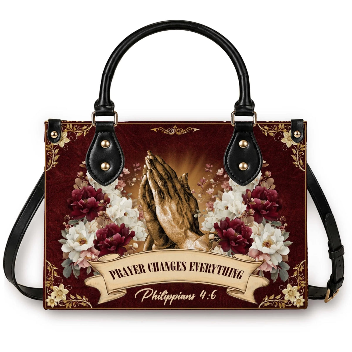 Personalized tote bag featuring praying hands, floral print, and Prayer Changes Everything Philippians 4 6 scripture.